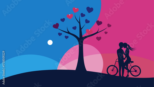 Couple on bike under heart tree at sunset
