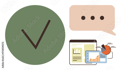 Green checkmark for approval, chat bubble symbolizing communication, and analytics dashboards showcasing data insights. Ideal for teamwork, decision-making, collaboration, productivity, analysis