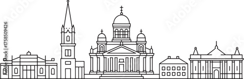 Helsinki Finland Cityscape Outline. Vector Silhouette Icon of Architecture and Buildings