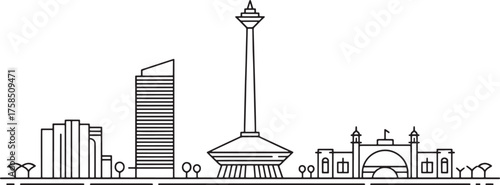 Jakarta Cityscape Outline. Minimalist Skyline Vector Silhouette Icon with Architecture Details
