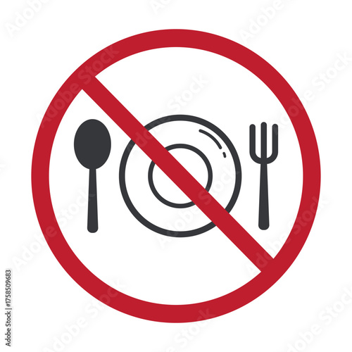 Isolated prohibition sign showing no eating symbol, used for restricted areas, hygiene control, and food safety regulations in workplaces.