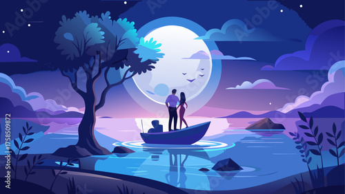 Couple on boat under moonlight landscape