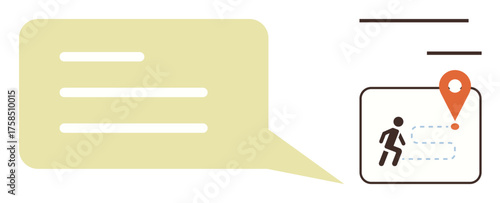 Chat bubble with text, person icon moving toward a pinpoint destination. Ideal for navigation, communication, travel, planning, teamwork, direction messaging. Simple flat metaphor