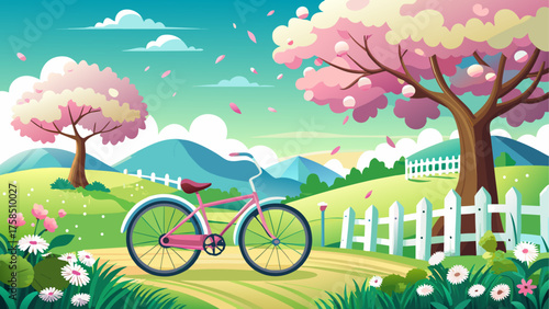 Pink bicycle under cherry blossom trees