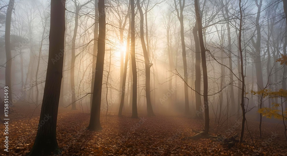 Obraz premium Misty Forest Morning with Sunlight Rays through Trees