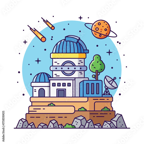 Cartoon observatory building surrounded by planets, stars, and cosmic elements, combining architecture and astronomy.