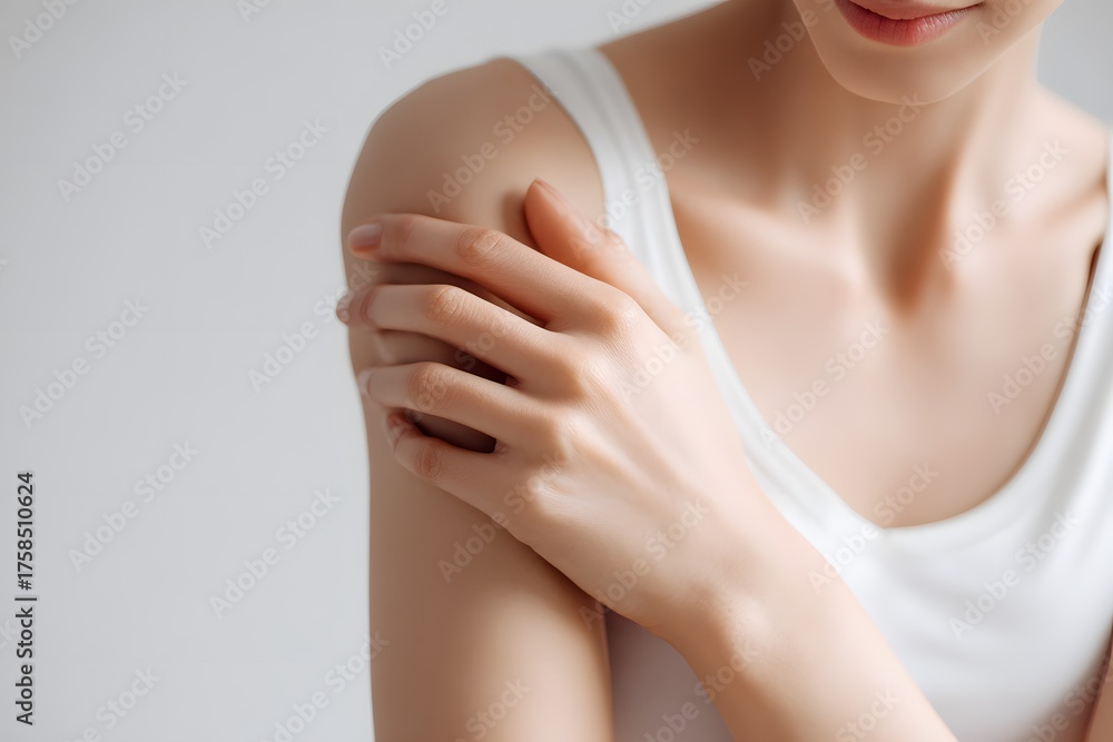 Naklejka premium A hand touches the shoulder area, suggesting discomfort or a subtle pain.