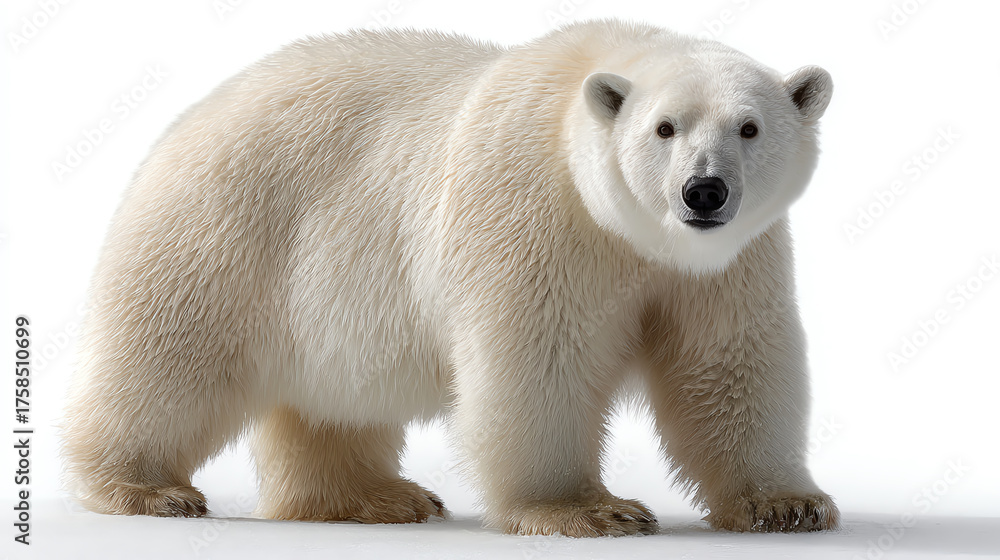 Fototapeta premium Majestic Polar Bear Portrait: A regal polar bear stands, its pristine white fur contrasting against a clear backdrop, embodying the wild beauty of the Arctic wilderness.