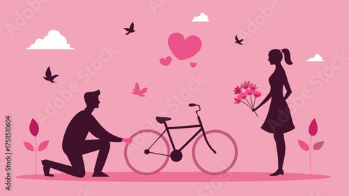 Man proposing with bicycle and flowers art