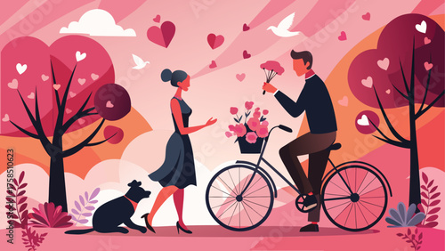 Couple with bicycle and dog in heart park