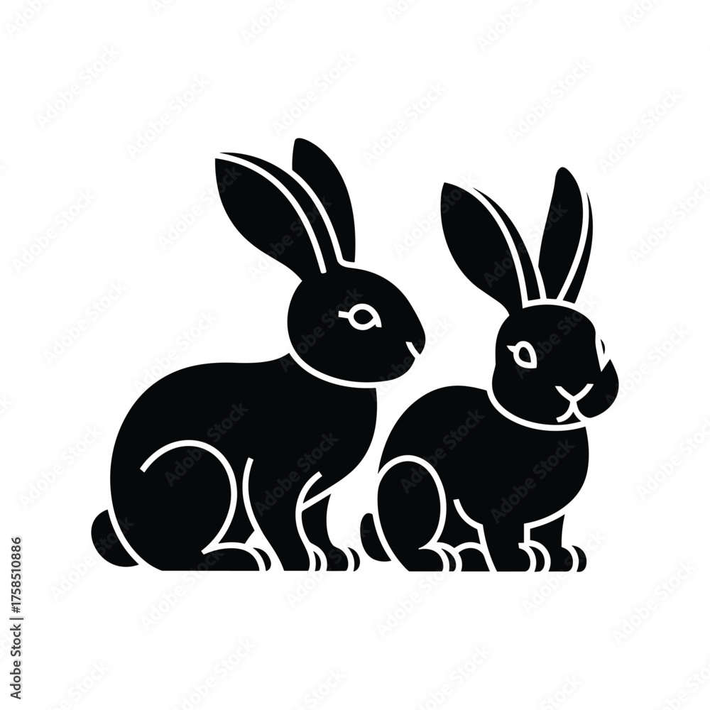 Fototapeta premium Silhouette of Two Rabbits Sitting Side by Side on White Background