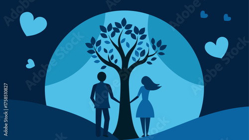 Couple holding hands under a tree at night