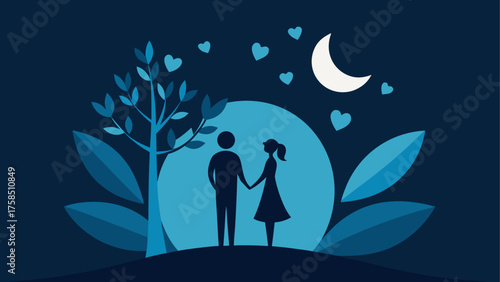 Couple holding hands beneath the moonlight