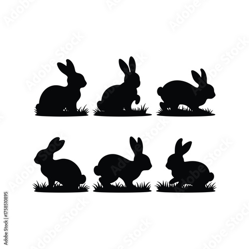 Rabbit silhouette set on grass isolated on white background