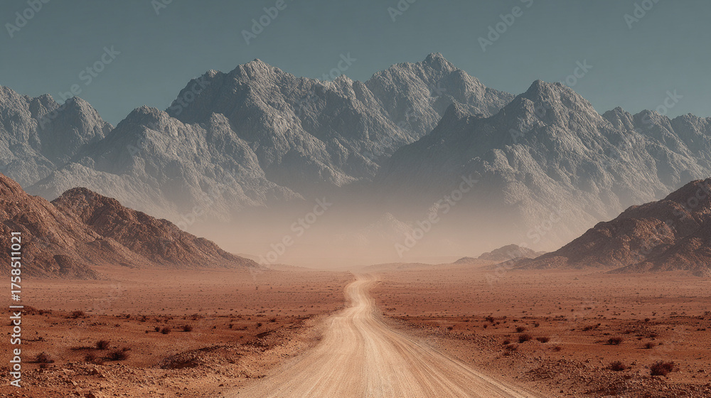 Fototapeta premium Desert highway stretching toward the horizon under intense heat with shimmering mirage reflections and hazy atmosphere symbolizing isolation travel endurance and summer heat in hyperrealistic style