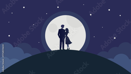 Couple silhouette under the moonlight sky