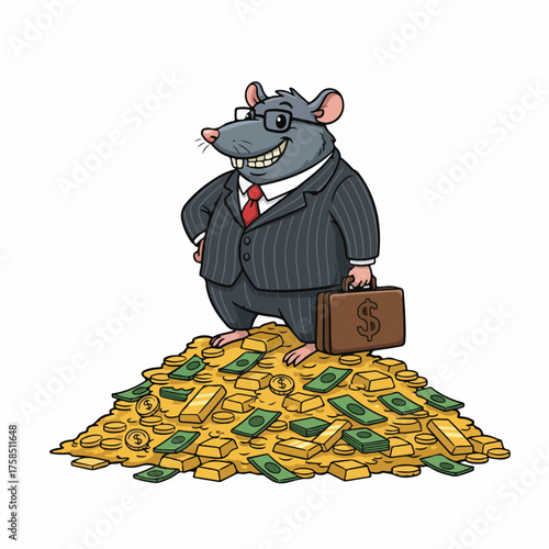 Cartoon vector of a greedy rat in a suit sitting on pile of money and gold coins, symbol of corruption and greed.
