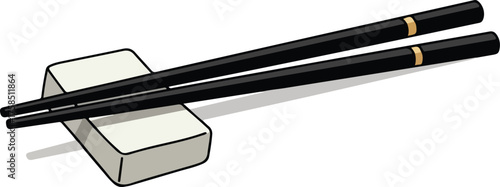 Pair of black chopsticks on a rest, perfect for asian cuisine restaurant menus or cultural designs. Ideal for foodrelated graphic designs.