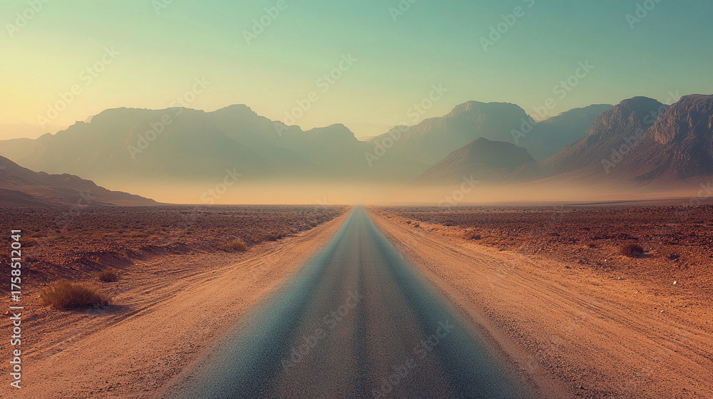Fototapeta premium Desert highway stretching toward the horizon under intense heat with shimmering mirage reflections and hazy atmosphere symbolizing isolation travel endurance and summer heat in hyperrealistic style