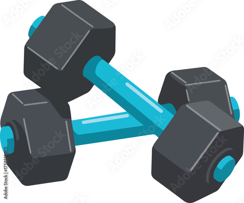 Blue handled dumbbell with dark grey hexagonal weights, perfect for fitness and workoutrelated designs, gym promotions, or health and wellness content.