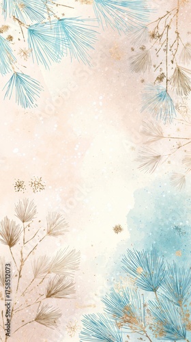 a soft pastel background with delicate watercolor brush strokes, featuring winter art elements in light blue and gold hues