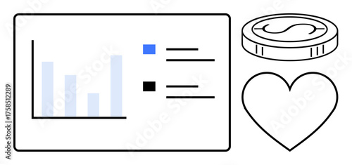 Bar chart with labels, coin, and heart representing financial growth, wealth, and emotional attachment. Ideal for finance, business strategy, investment, profit personal value analytics simple