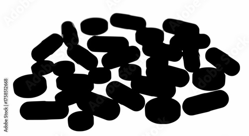 Black silhouette vector graphic of a pile of assorted medicinal capsules and tablets. Essential imagery for pharmacy, health supplements, pain relief, or pharmaceutical industry design.