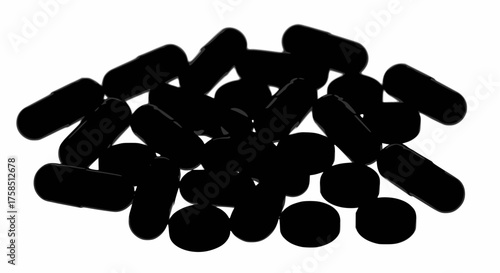 Black silhouette vector graphic of a pile of assorted medicinal capsules and tablets. Essential imagery for pharmacy, health supplements, pain relief, or pharmaceutical industry design.