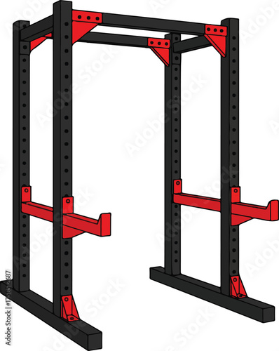 Suitable for gyms and home workout spaces, the black weight training rack with red attachments is ideal for strength training sessions.