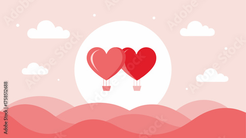 Two heart balloons floating over hills