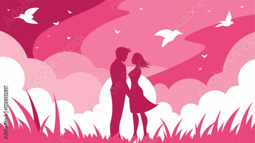 Silhouette couple in pink landscape scene