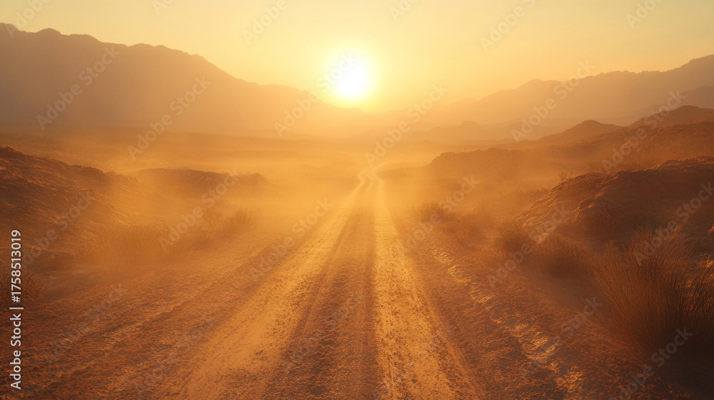 Fototapeta premium Desert highway stretching toward the horizon under intense heat with shimmering mirage reflections and hazy atmosphere symbolizing isolation travel endurance and summer heat in hyperrealistic style