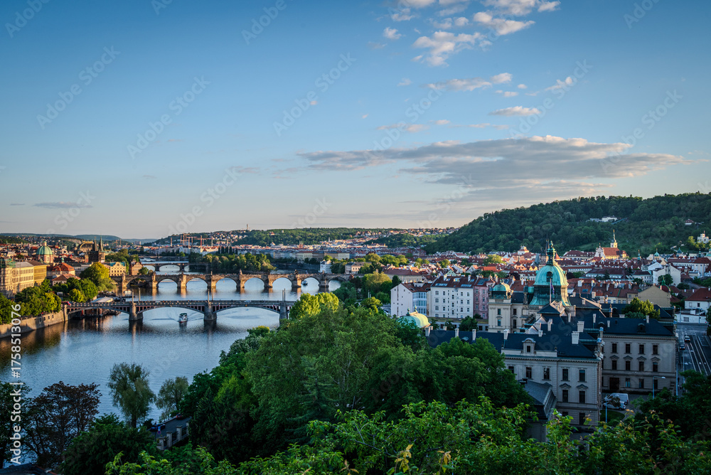 Fototapeta premium Elevated view of the Vltava River flowing through Prague in afternoon lights, Czech Republic, with multiple bridges crossing the water, seen from Letná Park- 1