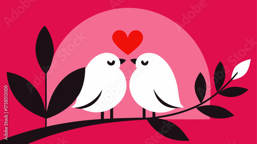Two birds on branch with heart overhead