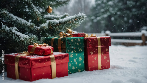 Close-up photo of a pile of Christmas gift boxes amidst a snowy tree.