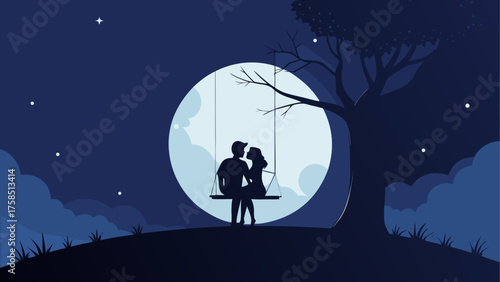Couple on a swing under the moonlight tree