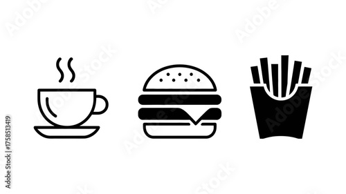 Vector art of fast food vector icon in line and glyph style coffee, burger, french fries, meal, snack concept