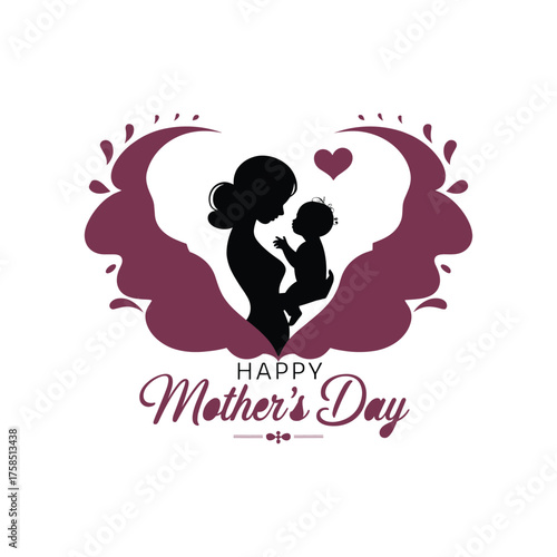 Mother Holding Child Silhouette with Heart Design – Happy Mother’s Day Illustration