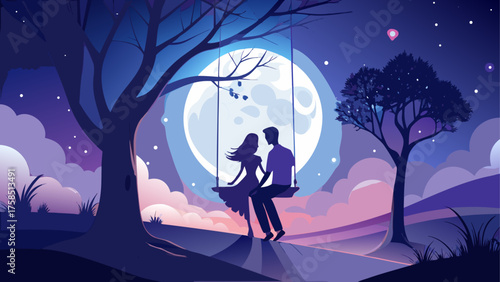 Couple on a swing under the moonlight sky