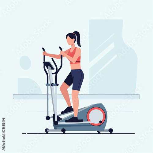 A woman in sportswear exercises on an elliptical machine in a bright, minimalist room, promoting fitness and a healthy lifestyle.