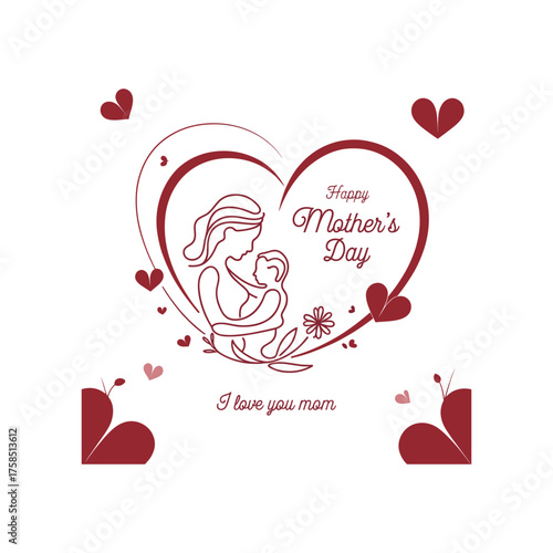 Happy Mother’s Day Heart Design with Mom and Child Illustration