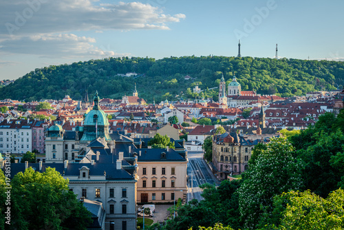Lovely May view of Prague’s Lesser Town (Malá Strana) in the afternoon, Czech Republic, seen from Letná Park