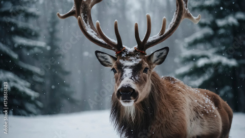 A closeup photo of a reinder amidst a snowy christmas