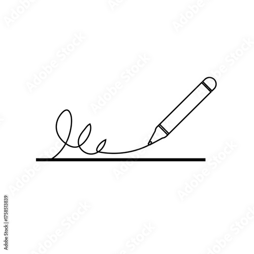 Minimalist black line art icon of a pencil writing a signature scribble and underline. Vector graphic for creativity, education, and business.