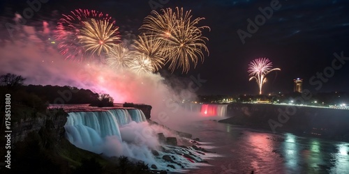 Fototapeta Naklejka Na Ścianę i Meble -  Fireworks explode over niagara falls during a celebration at night
