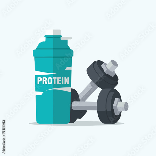 A turquoise protein shaker bottle with the word "PROTEIN" on it, next to a pair of dumbbells.