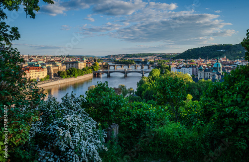 May landscape of the Vltava River flowing through Prague in the afternoon, Czech Republic, seen from an elevated viewpoint in Letná Park