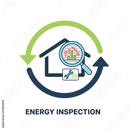 2D flat icon of a house with a magnifying glass, energy inspection in vector