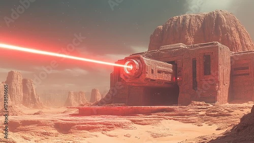 Futuristic Laser Cannon Firing on a Barren Alien Planet.