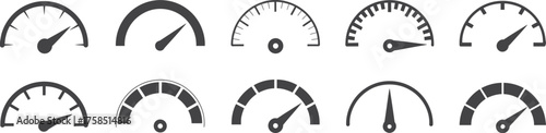 Collection of flat vector speedometer and tachometer icons – ideal for automotive dashboards, high-speed internet indicators, performance meters, and fast technology concept designs